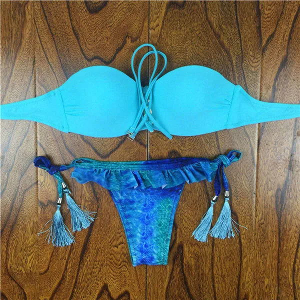 2017 Summer Style Floral Print Women Bikinis Set Crochet Lace Swimsuit Strapless Push Up Bandeau Biquinis Beachwear Bathing Suit