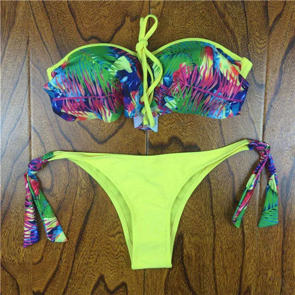 2017 Summer Style Floral Print Women Bikinis Set Crochet Lace Swimsuit Strapless Push Up Bandeau Biquinis Beachwear Bathing Suit