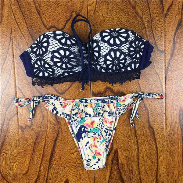 2017 Summer Style Floral Print Women Bikinis Set Crochet Lace Swimsuit Strapless Push Up Bandeau Biquinis Beachwear Bathing Suit