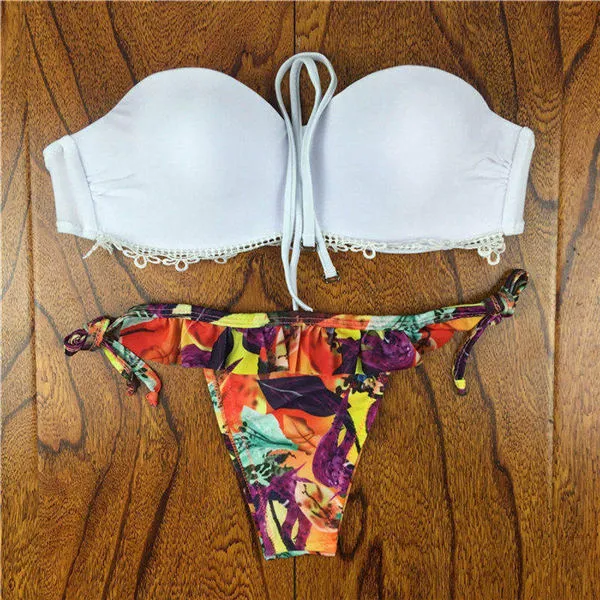 2017 Summer Style Floral Print Women Bikinis Set Crochet Lace Swimsuit Strapless Push Up Bandeau Biquinis Beachwear Bathing Suit