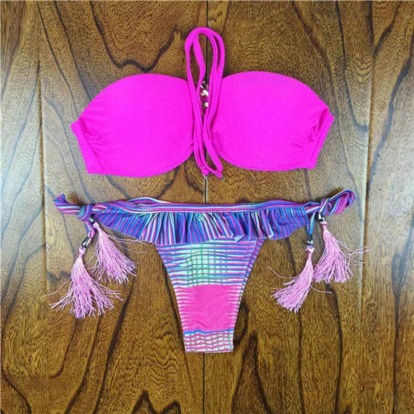 2017 Summer Style Floral Print Women Bikinis Set Crochet Lace Swimsuit Strapless Push Up Bandeau Biquinis Beachwear Bathing Suit