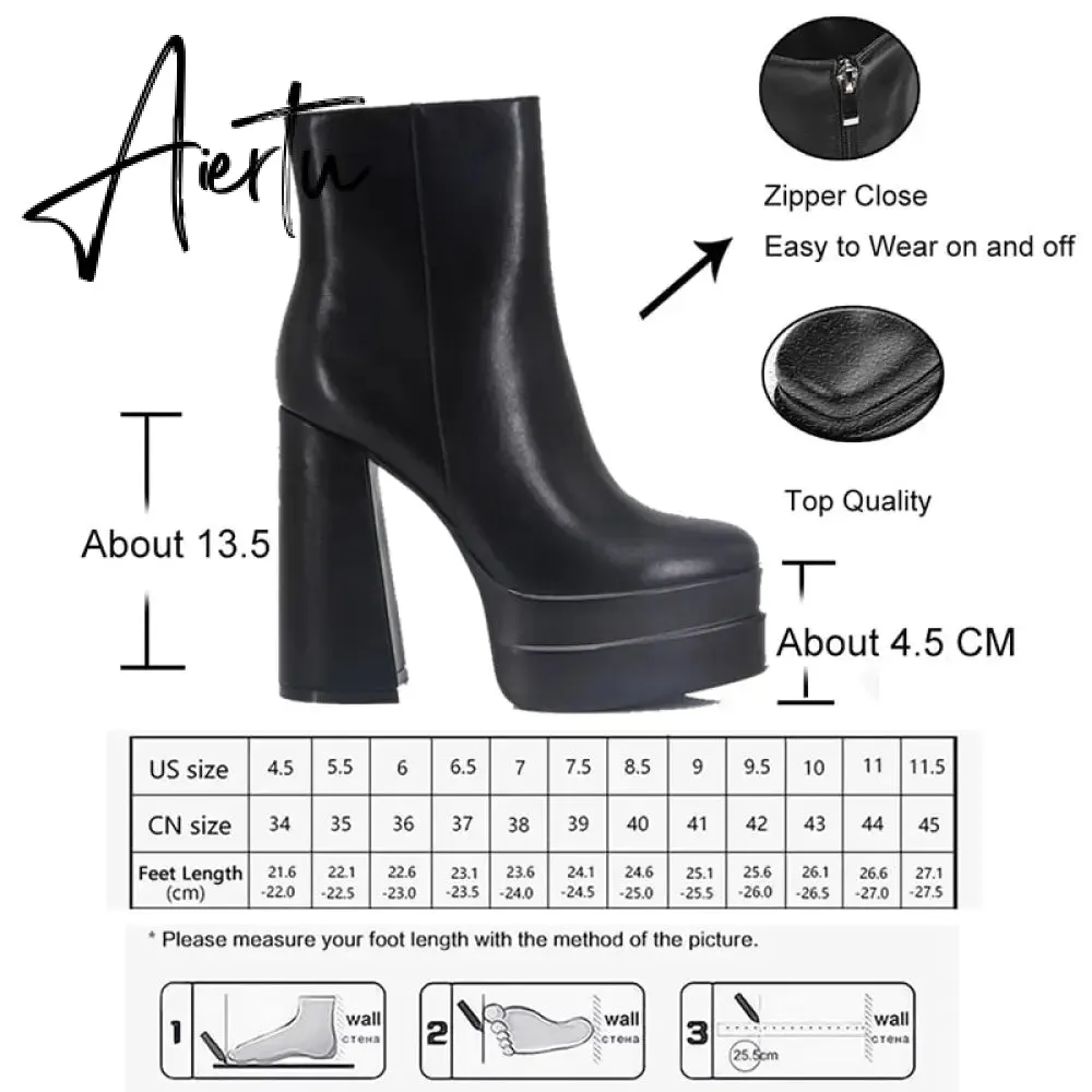 Aiertu New Ankle Boots Women Quality Platform Boots Female Fashion Short Boot Black Chunky High Heel Women Shoes Big Size 41