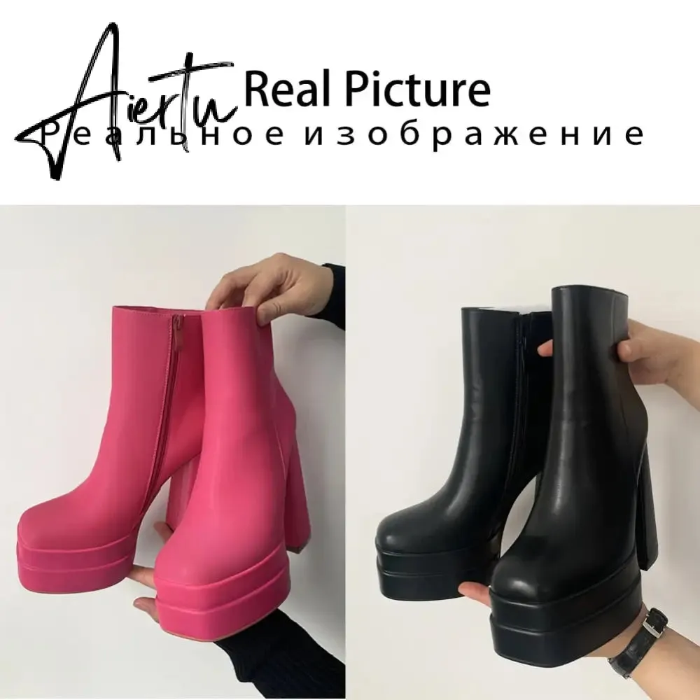 Aiertu New Ankle Boots Women Quality Platform Boots Female Fashion Short Boot Black Chunky High Heel Women Shoes Big Size 41