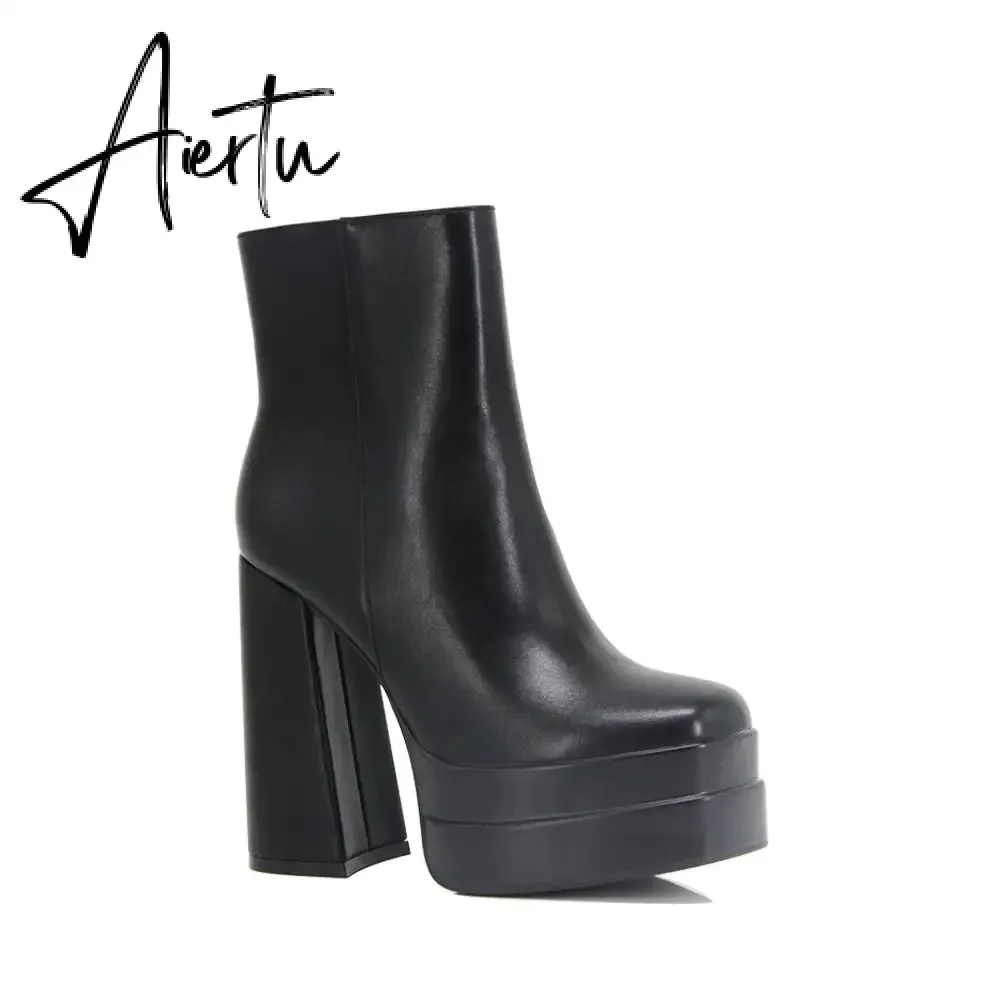 Aiertu New Ankle Boots Women Quality Platform Boots Female Fashion Short Boot Black Chunky High Heel Women Shoes Big Size 41