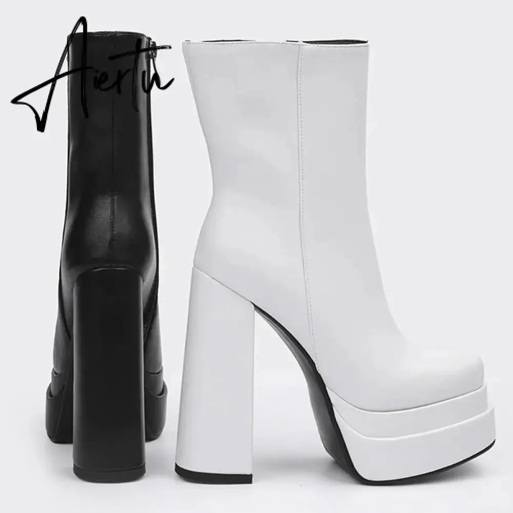 Aiertu New Ankle Boots Women Quality Platform Boots Female Fashion Short Boot Black Chunky High Heel Women Shoes Big Size 41