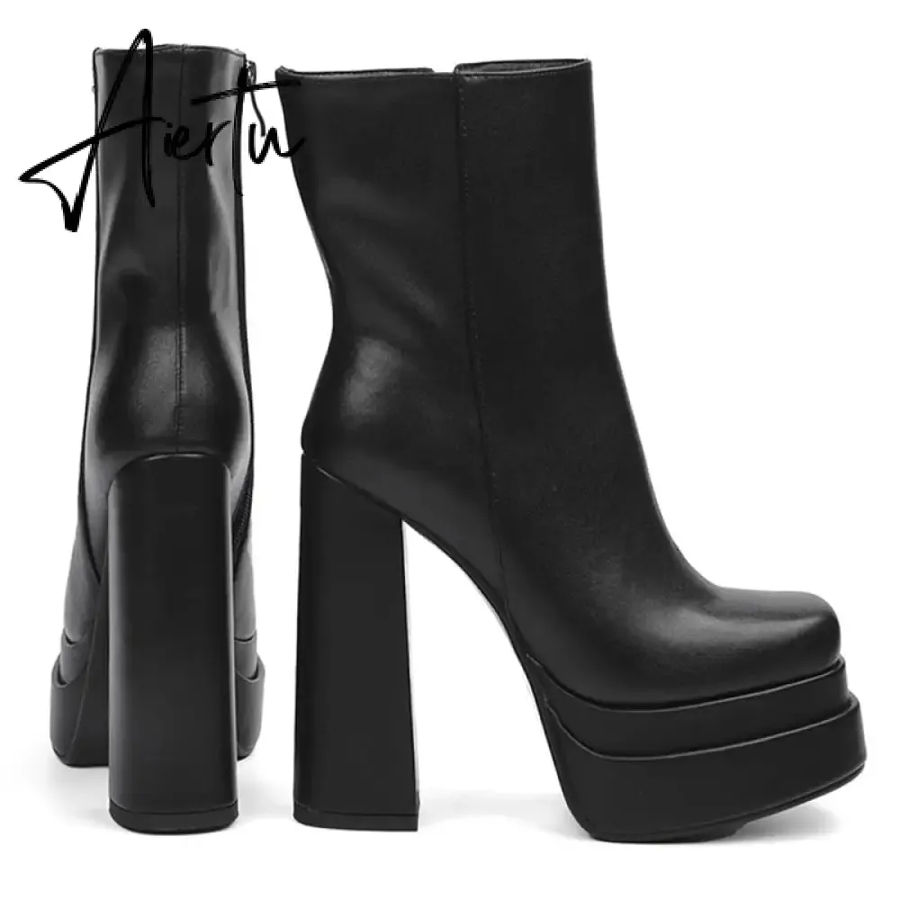 Aiertu New Ankle Boots Women Quality Platform Boots Female Fashion Short Boot Black Chunky High Heel Women Shoes Big Size 41