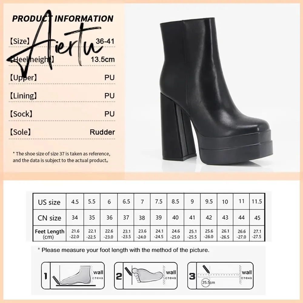 Aiertu New Ankle Boots Women Quality Platform Boots Female Fashion Short Boot Black Chunky High Heel Women Shoes Big Size 41