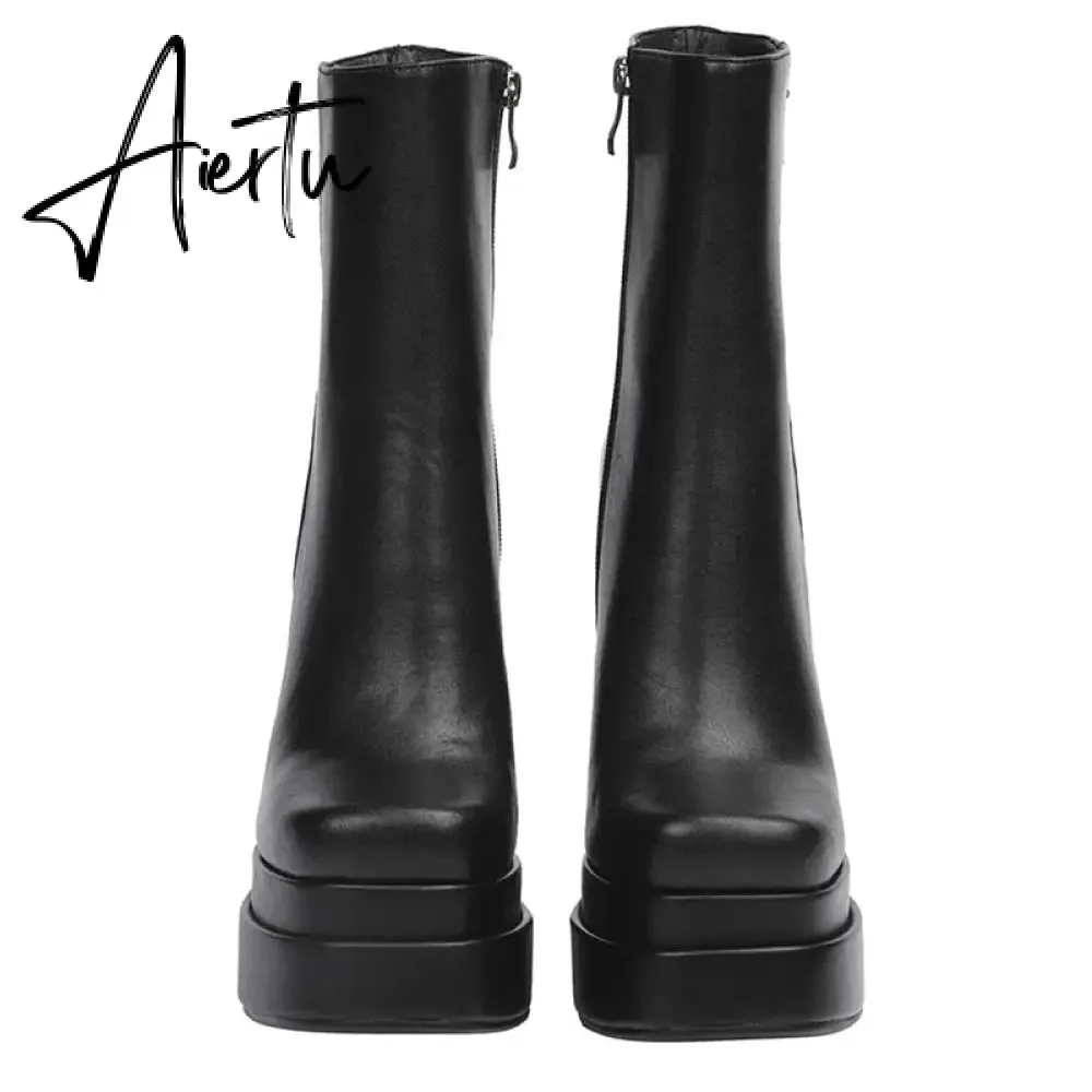 Aiertu New Ankle Boots Women Quality Platform Boots Female Fashion Short Boot Black Chunky High Heel Women Shoes Big Size 41