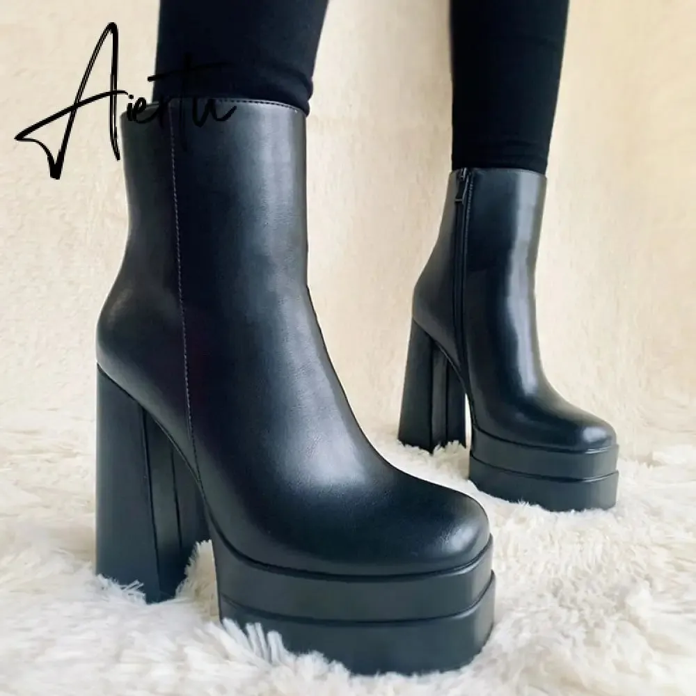 Aiertu New Ankle Boots Women Quality Platform Boots Female Fashion Short Boot Black Chunky High Heel Women Shoes Big Size 41