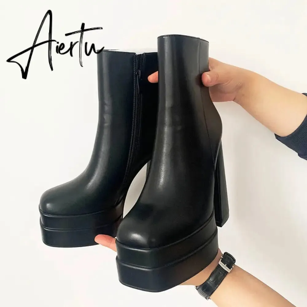 Aiertu New Ankle Boots Women Quality Platform Boots Female Fashion Short Boot Black Chunky High Heel Women Shoes Big Size 41