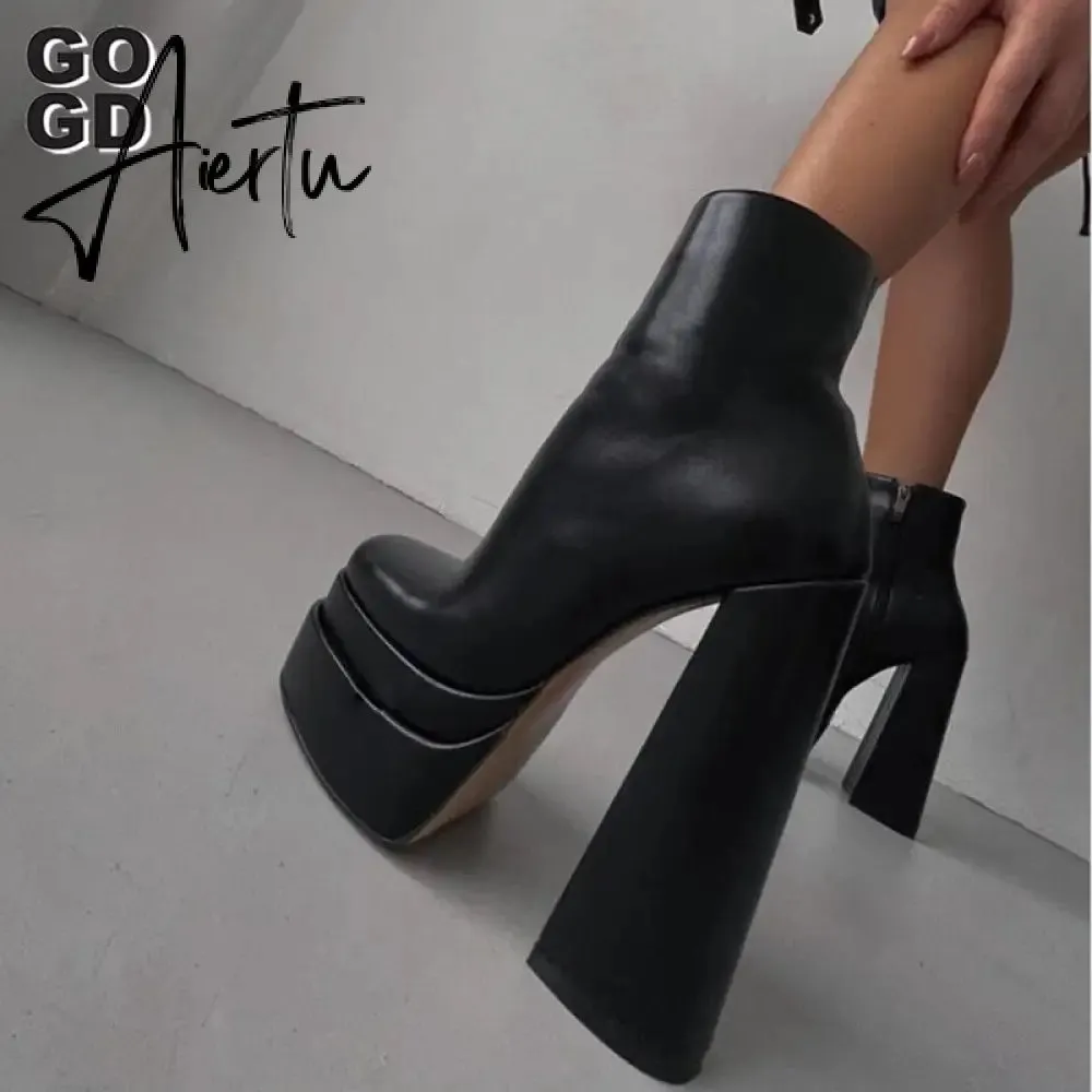 Aiertu New Ankle Boots Women Quality Platform Boots Female Fashion Short Boot Black Chunky High Heel Women Shoes Big Size 41