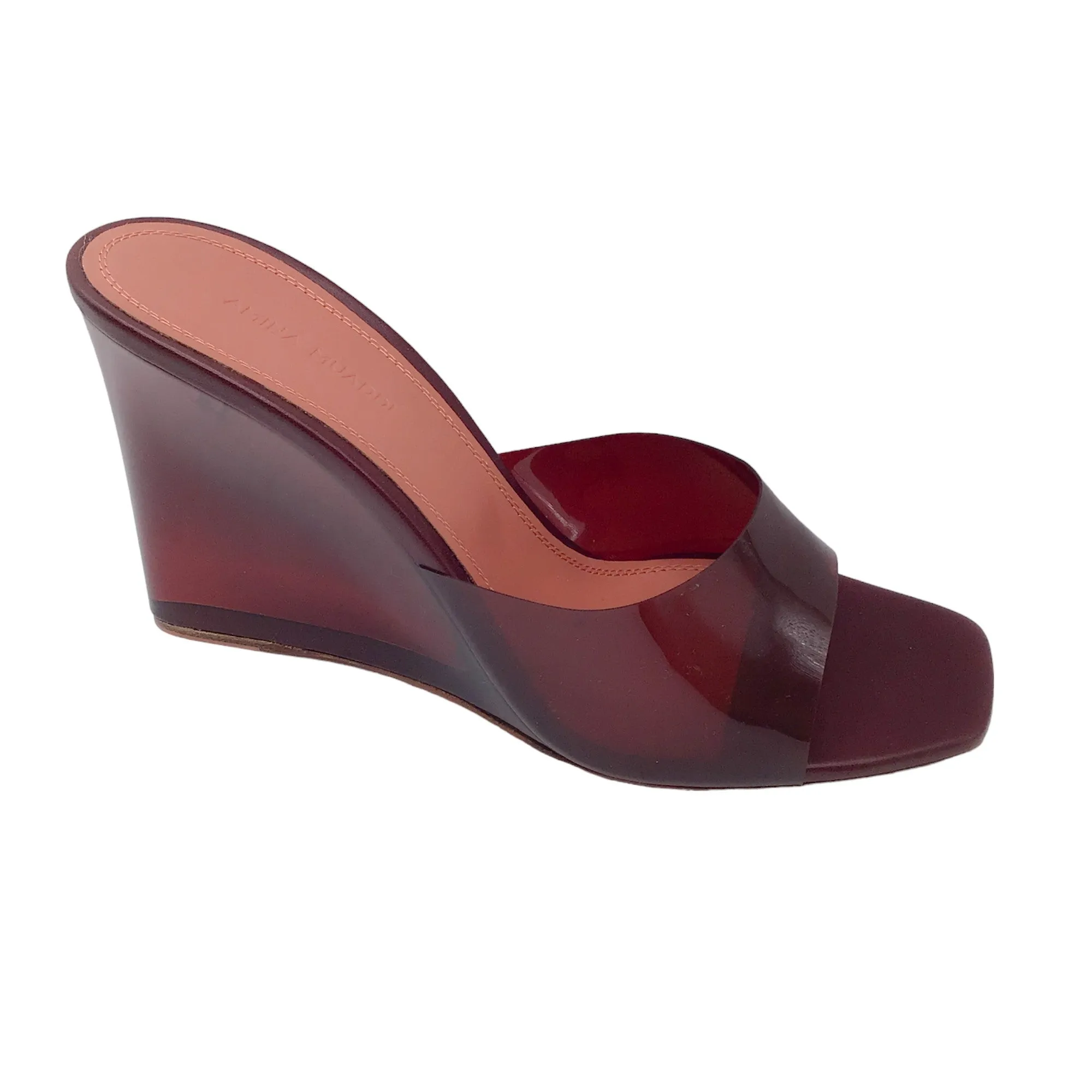 Amina Muaddi Burgundy Lucite Wedge Sandals