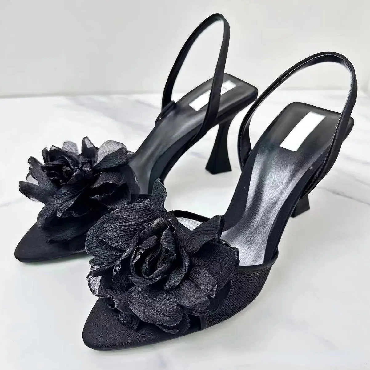 Amozae-Flowers Slingback High Heels Women Pointed Fine Heel Sandals Women Open-toe Black Mesh Floral Party Dress Slippers Women Pumps