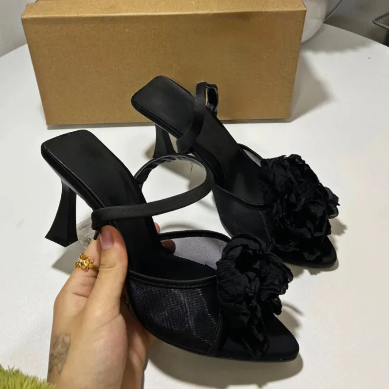 Amozae-Flowers Slingback High Heels Women Pointed Fine Heel Sandals Women Open-toe Black Mesh Floral Party Dress Slippers Women Pumps