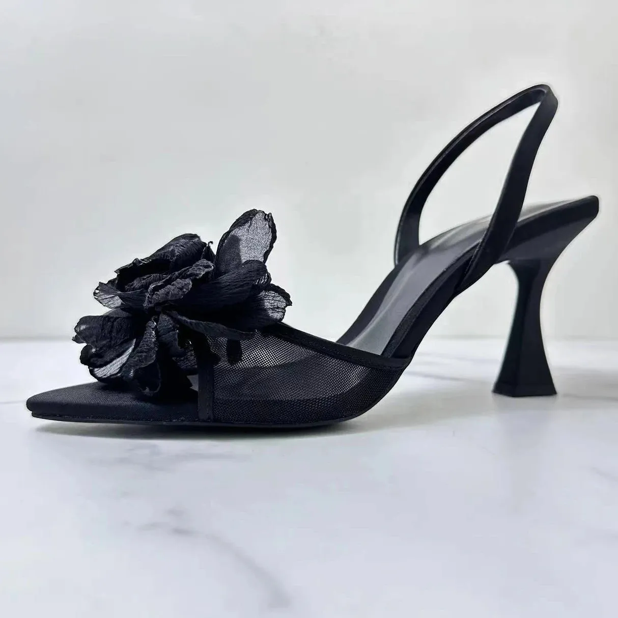 Amozae-Flowers Slingback High Heels Women Pointed Fine Heel Sandals Women Open-toe Black Mesh Floral Party Dress Slippers Women Pumps