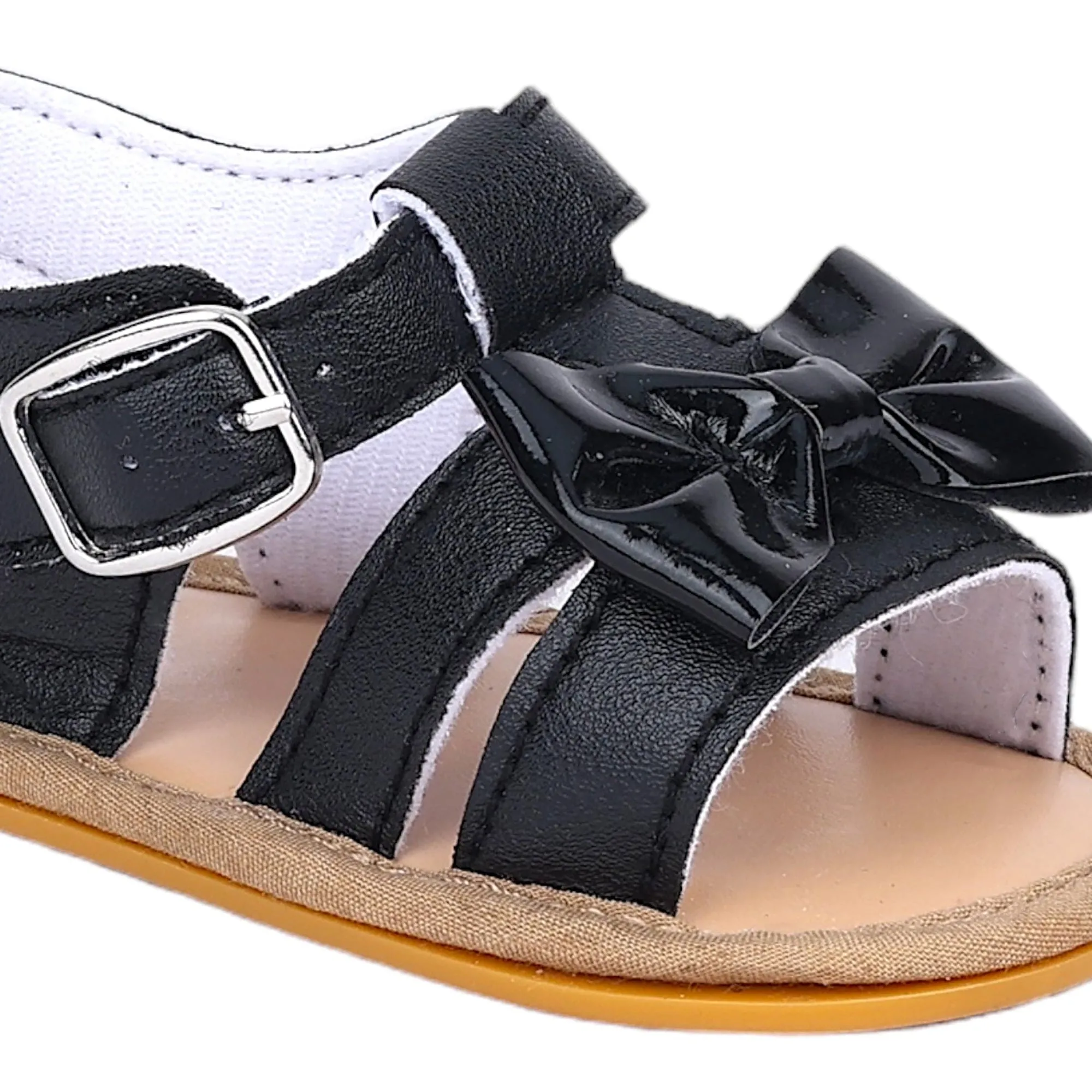 Baby Moo Bow Velcro T-Strap Anti-Skid Open Toe Sandals - Black