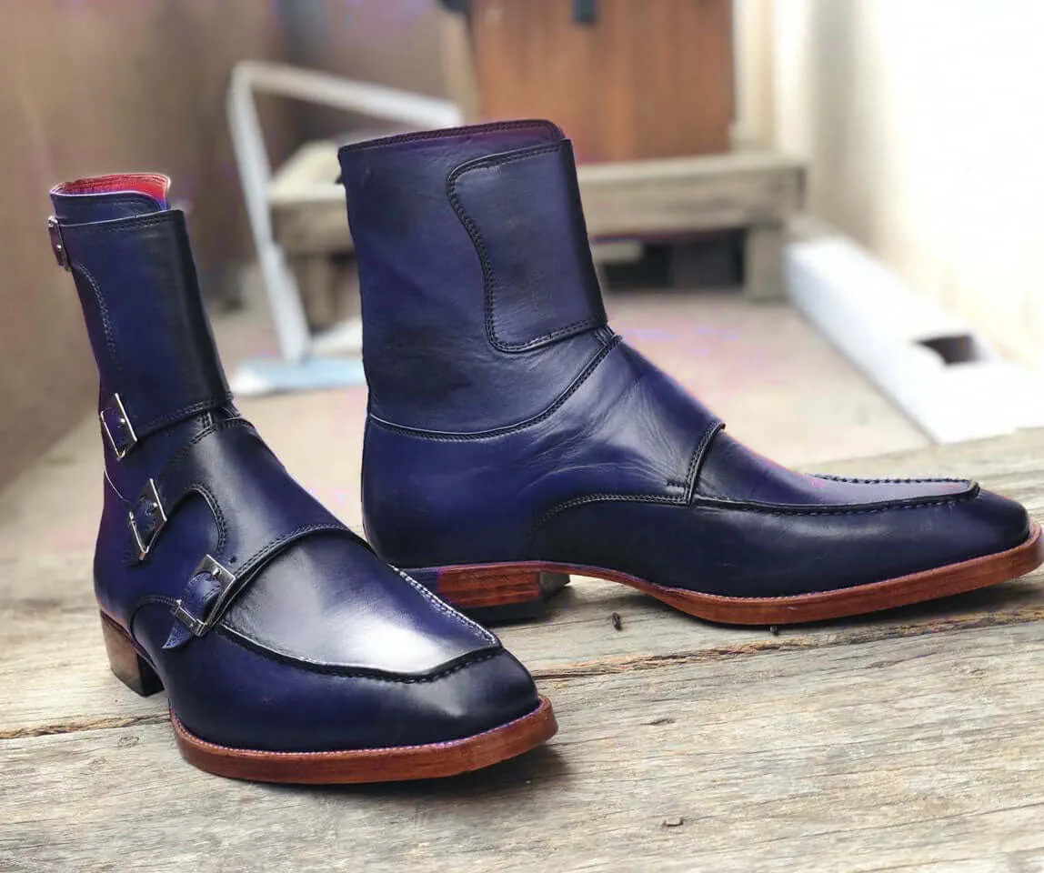 Bespoke Blue Leather Ankle Three Monk Strap Boot