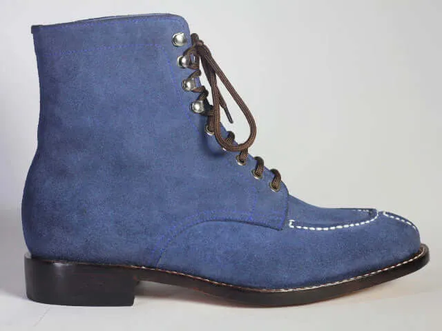 Bespoke Blue Suede Ankle Lace Up Boot