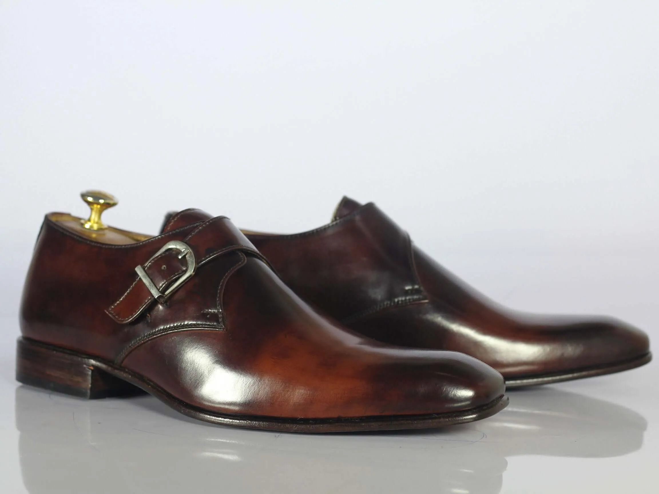 Bespoke Brown Leather Monk Strap Shoes for Men's