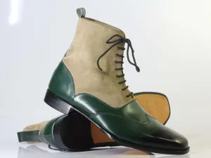 Bespoke Green Beige Leather Suede Ankle Wing Tip Lace Up Boot