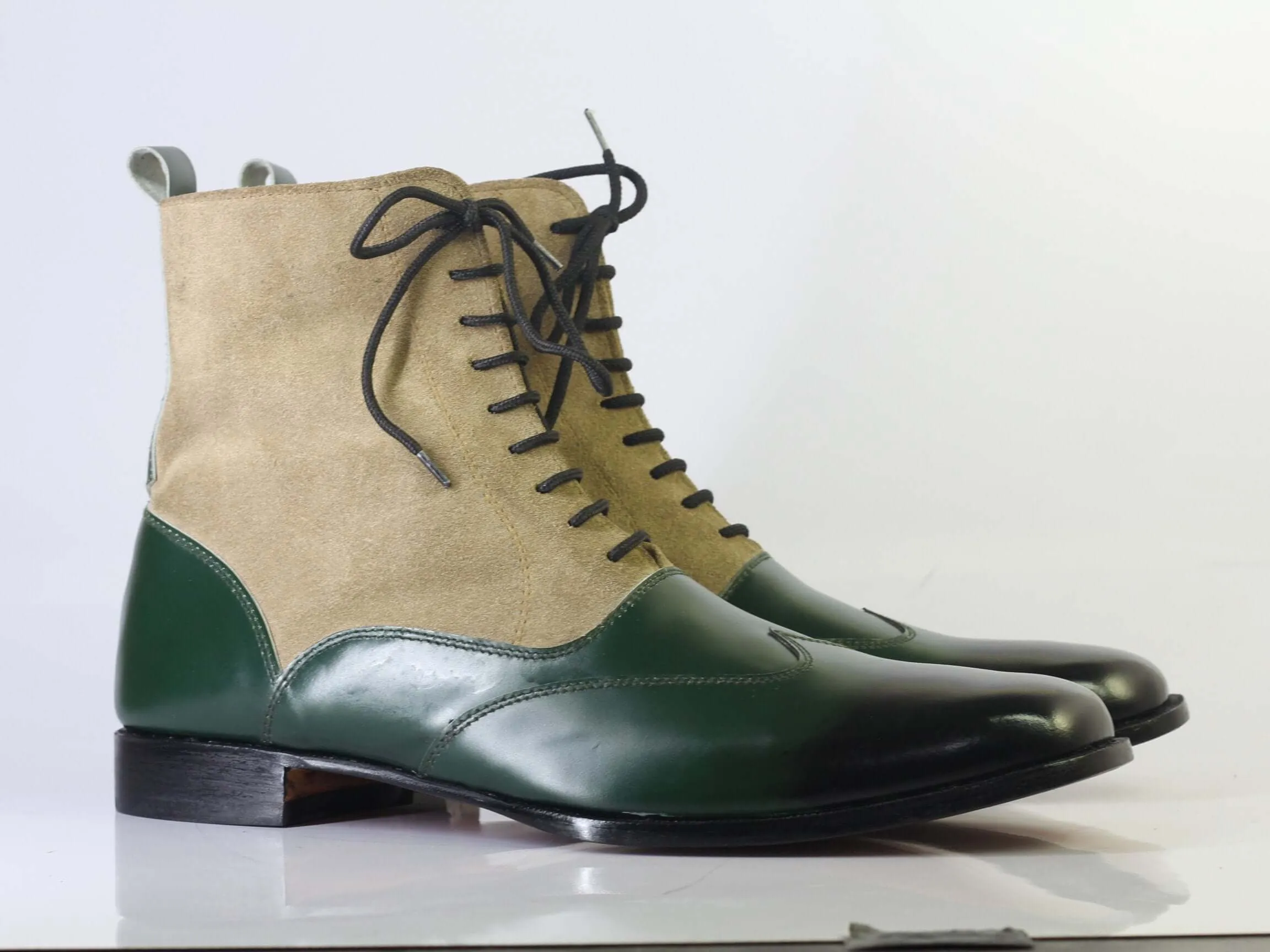 Bespoke Green Beige Leather Suede Ankle Wing Tip Lace Up Boot