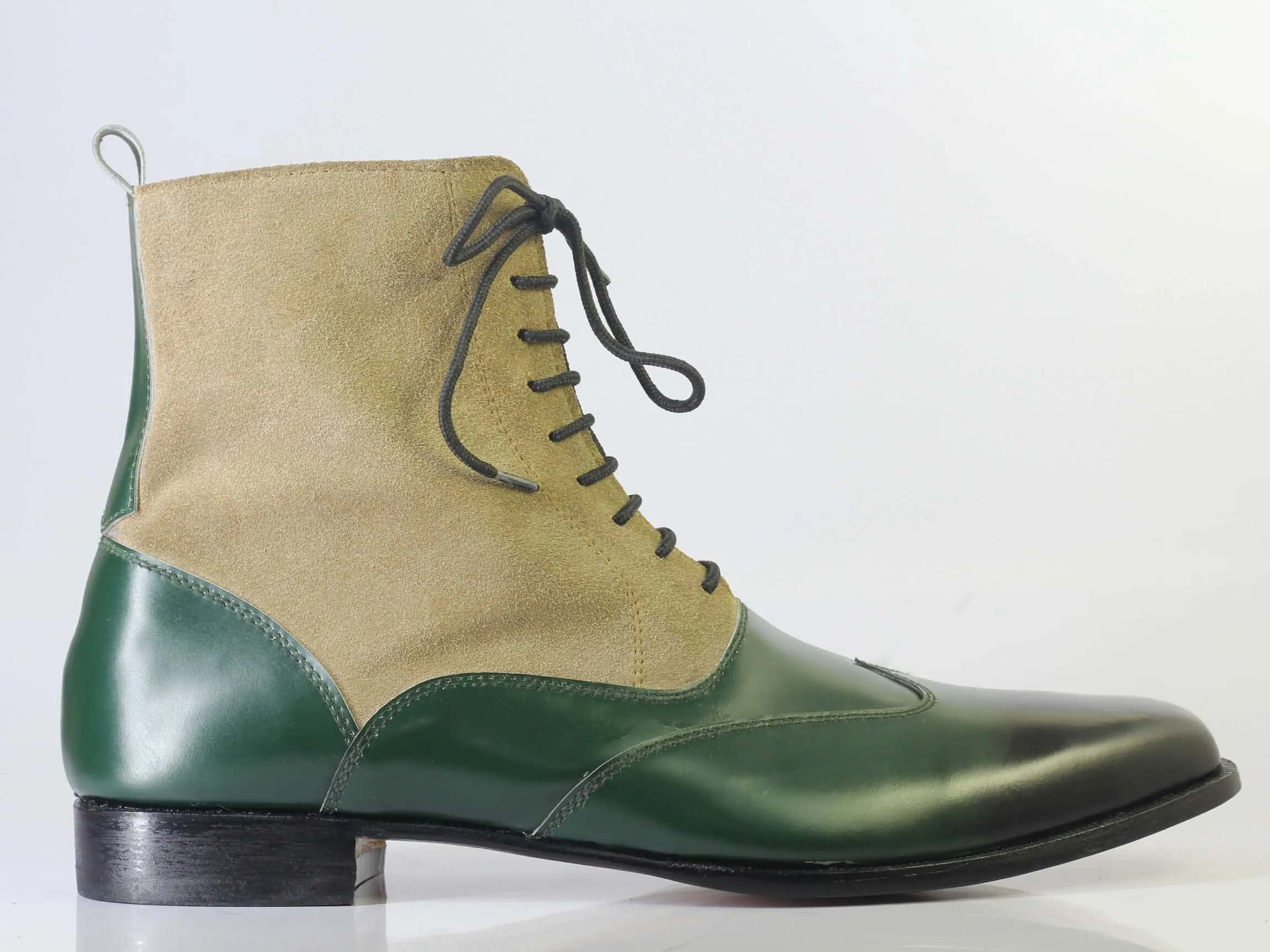 Bespoke Green Beige Leather Suede Ankle Wing Tip Lace Up Boot