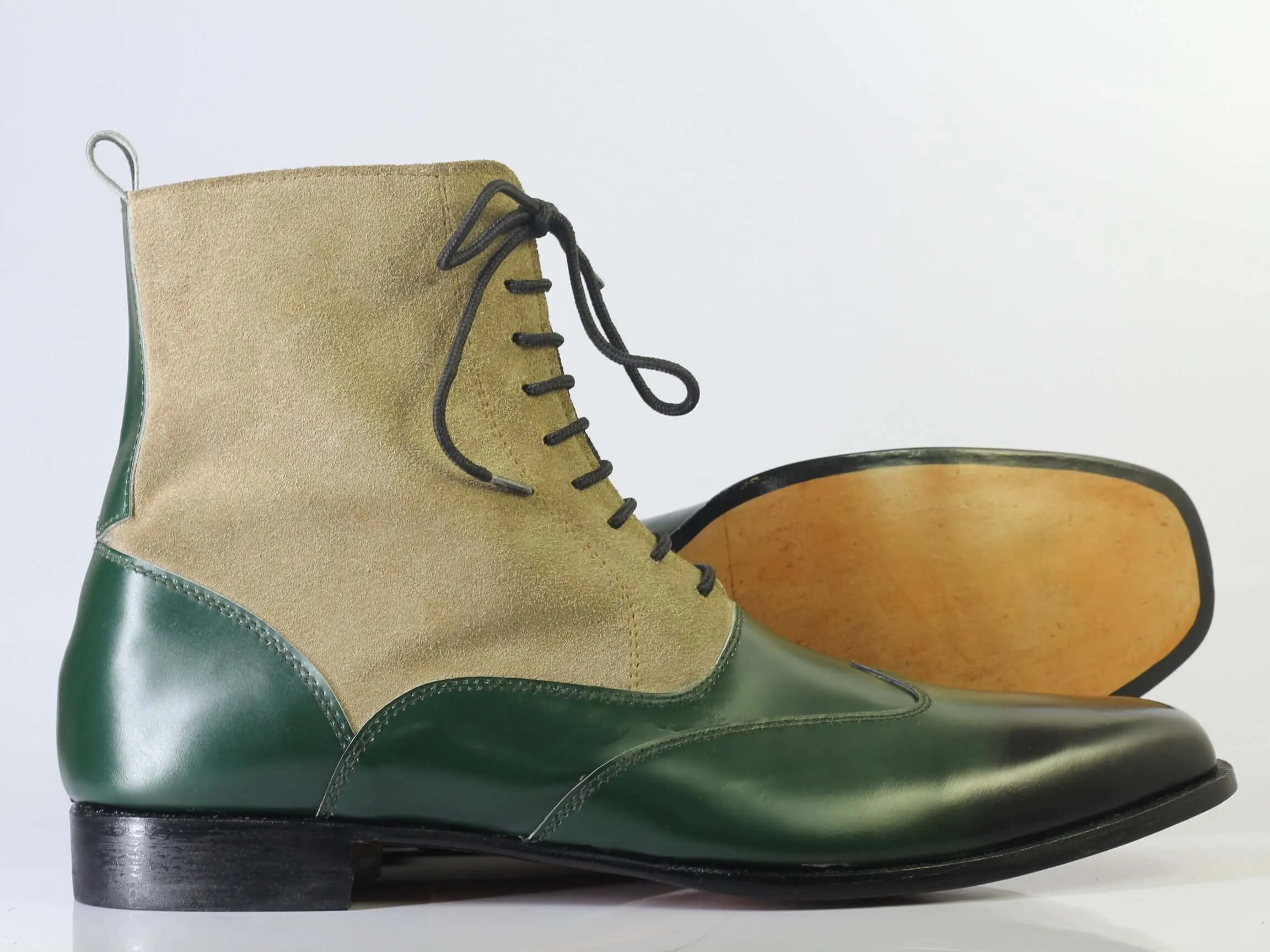 Bespoke Green Beige Leather Suede Ankle Wing Tip Lace Up Boot