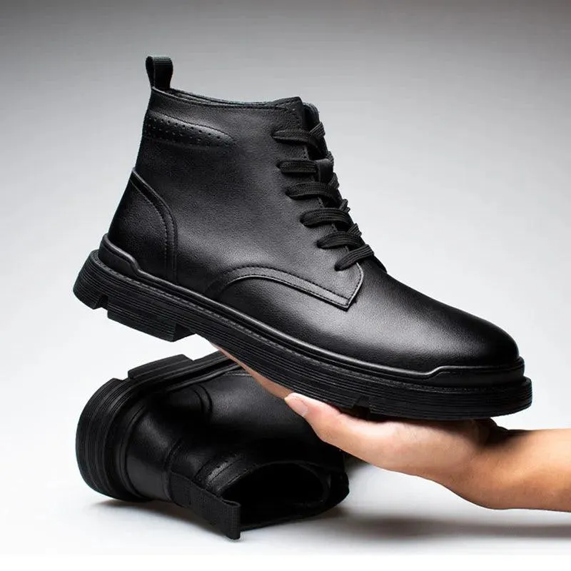 Black Leather Thick Ankle Boots - KA3094 Men's Casual Shoes