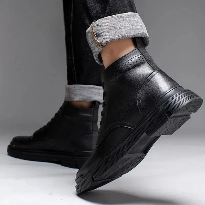 Black Leather Thick Ankle Boots - KA3094 Men's Casual Shoes