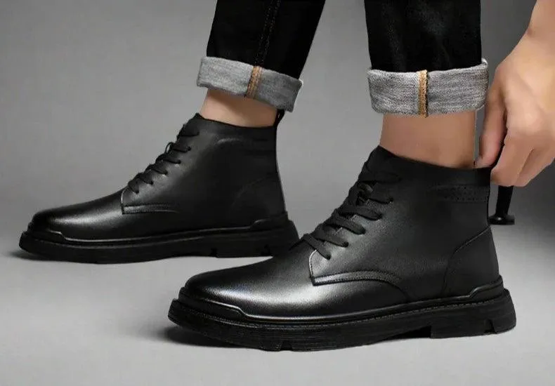 Black Leather Thick Ankle Boots - KA3094 Men's Casual Shoes