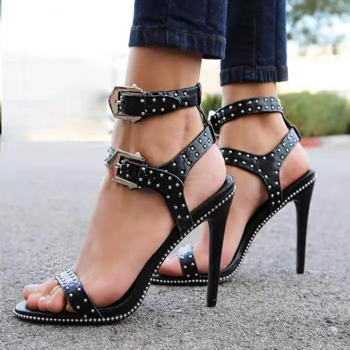 Black Rivet Buckle Leather High Heel Sandals