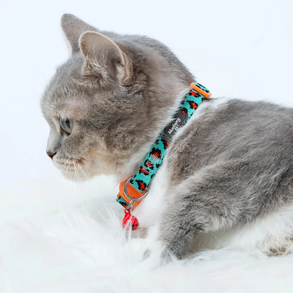 Blueberry Pet Hunting Expedition with Fish Bone and Leopard Print Adjustable Breakaway Cat Collar with Bell, 2 pack