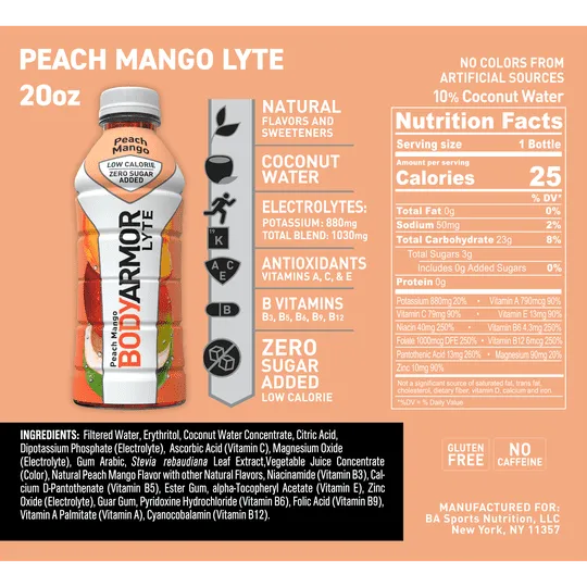 BODYARMOR LYTE Peach Mango, 20 fl oz, 6 Pack