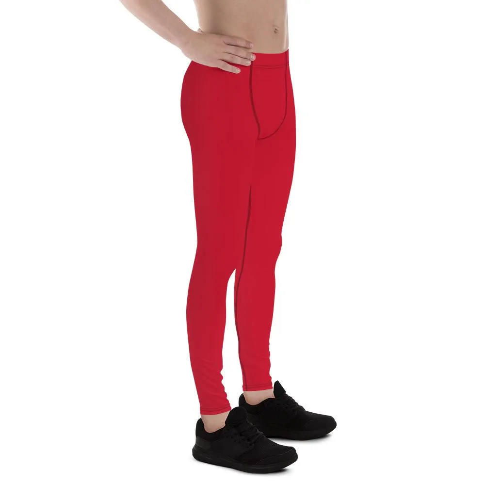 Bright Red Print Designer Meggings, Solid Red Color Men's Leggings Compression Tights - Made in USA/EU/MX