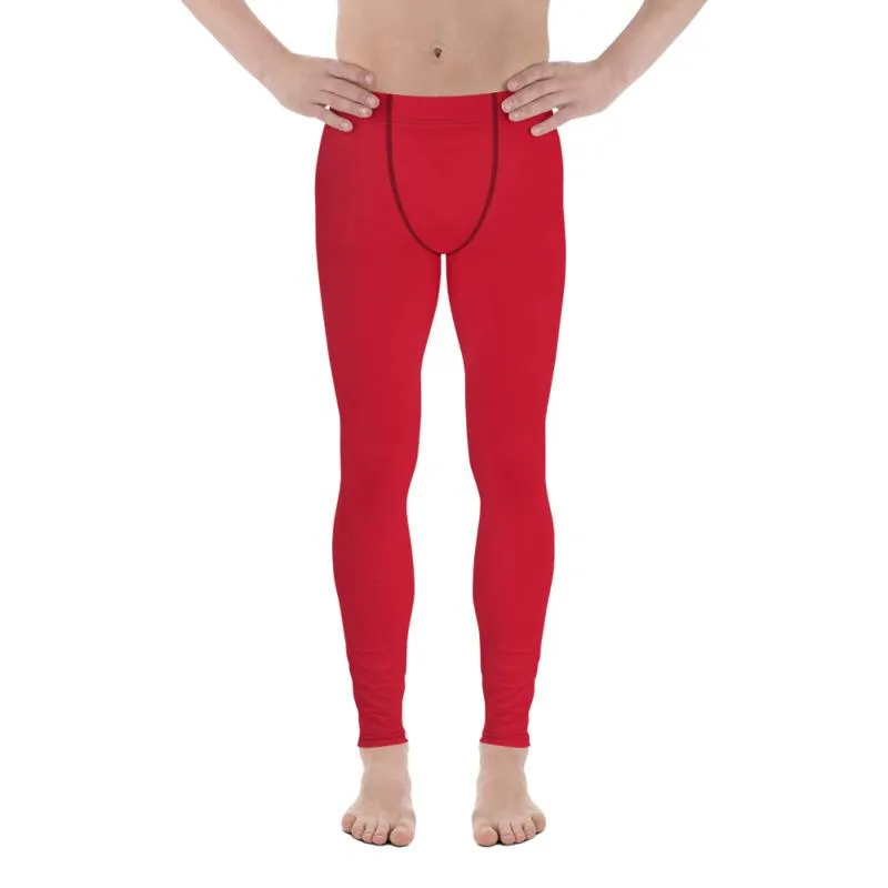 Bright Red Print Designer Meggings, Solid Red Color Men's Leggings Compression Tights - Made in USA/EU/MX