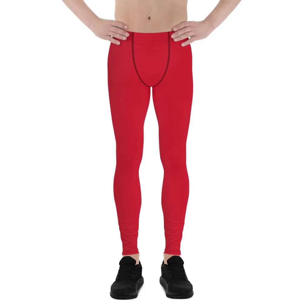 Bright Red Print Designer Meggings, Solid Red Color Men's Leggings Compression Tights - Made in USA/EU/MX