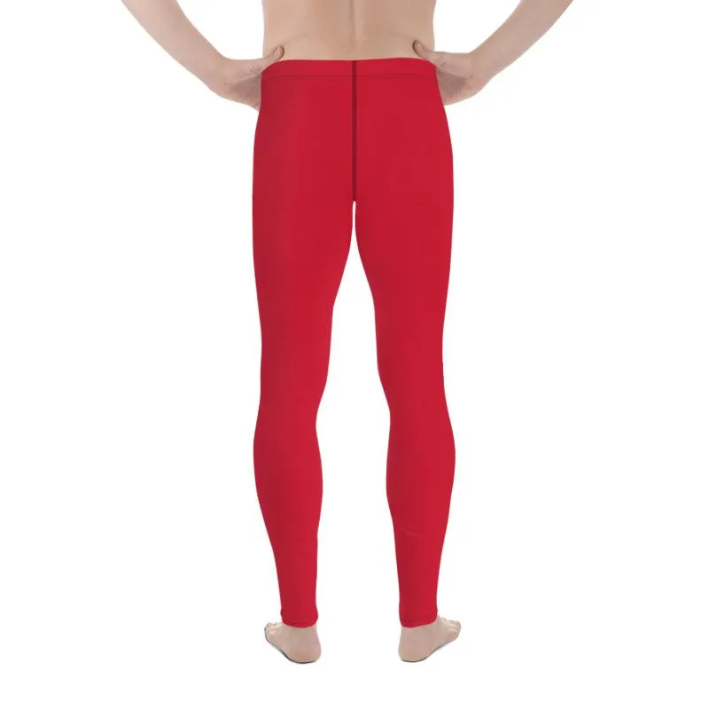 Bright Red Print Designer Meggings, Solid Red Color Men's Leggings Compression Tights - Made in USA/EU/MX