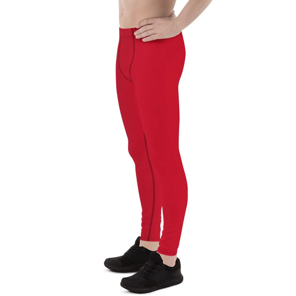 Bright Red Print Designer Meggings, Solid Red Color Men's Leggings Compression Tights - Made in USA/EU/MX