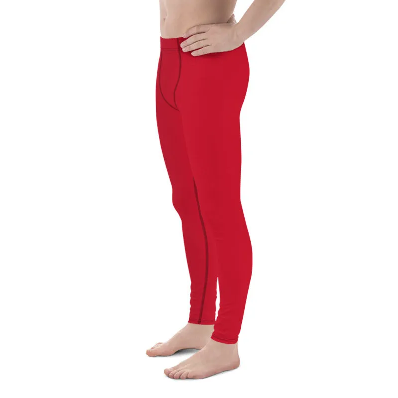 Bright Red Print Designer Meggings, Solid Red Color Men's Leggings Compression Tights - Made in USA/EU/MX