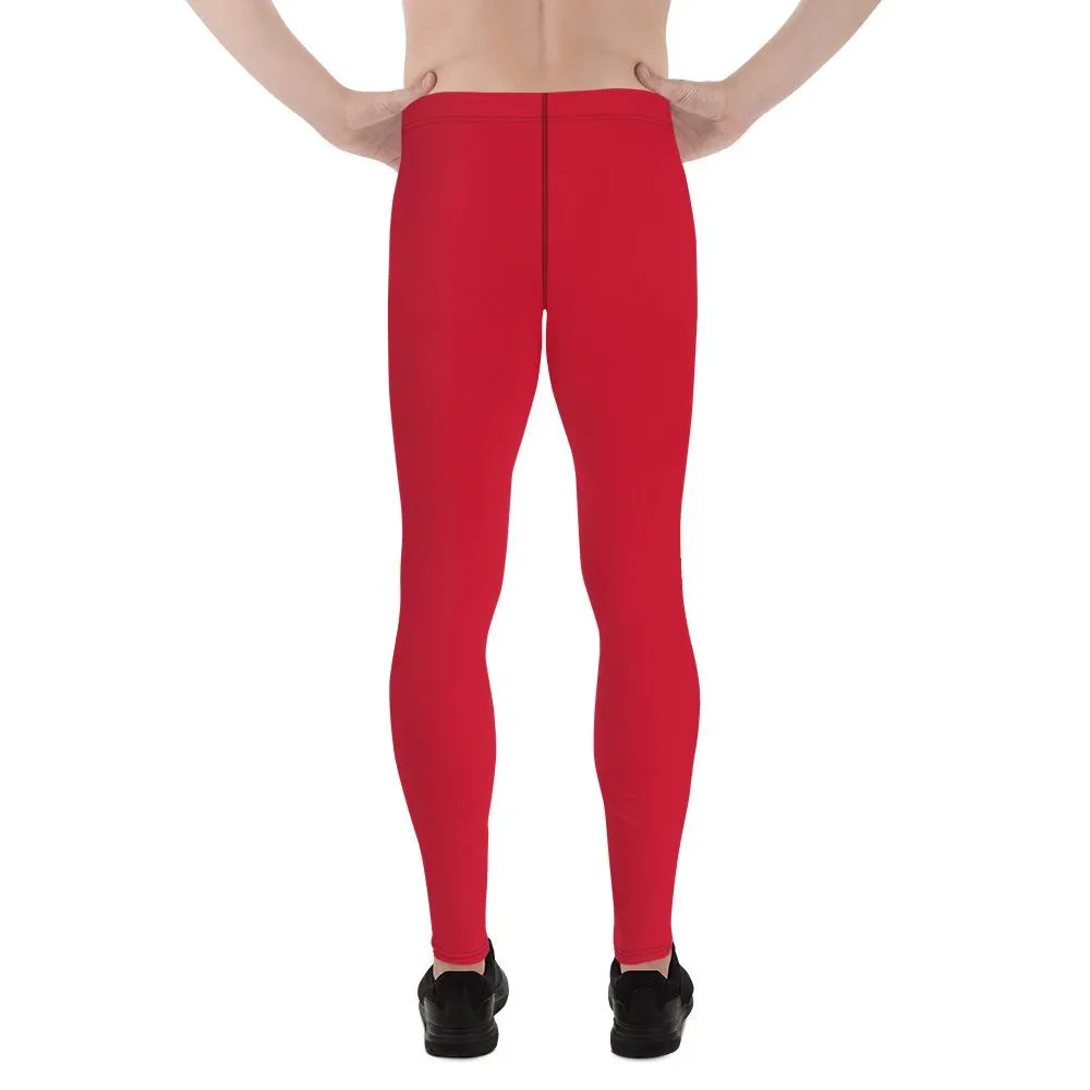 Bright Red Print Designer Meggings, Solid Red Color Men's Leggings Compression Tights - Made in USA/EU/MX