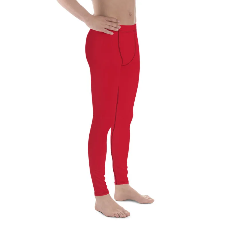 Bright Red Print Designer Meggings, Solid Red Color Men's Leggings Compression Tights - Made in USA/EU/MX