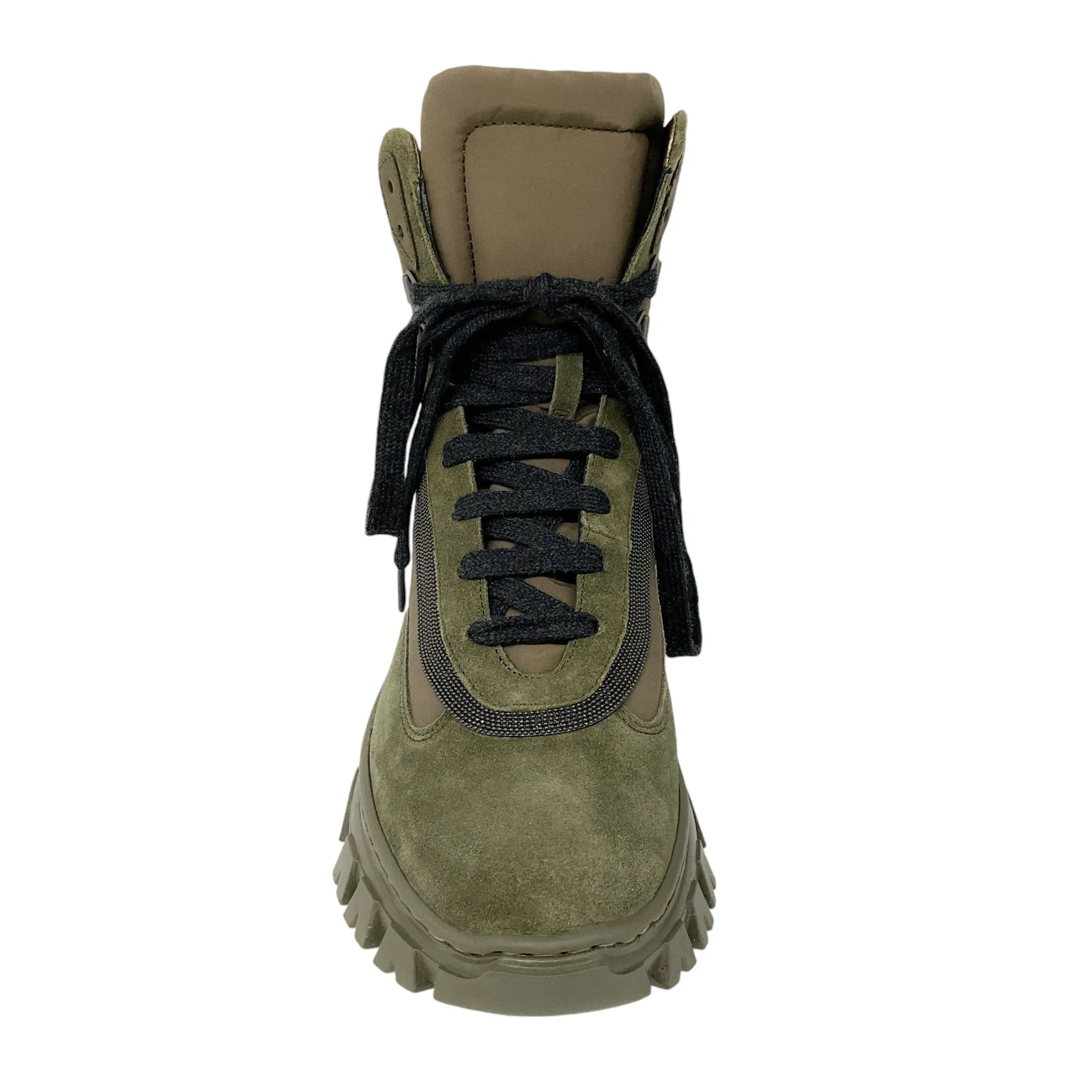 Brunello Cucinelli Olive Green Monili Bead Embellished Suede Hiking Boots