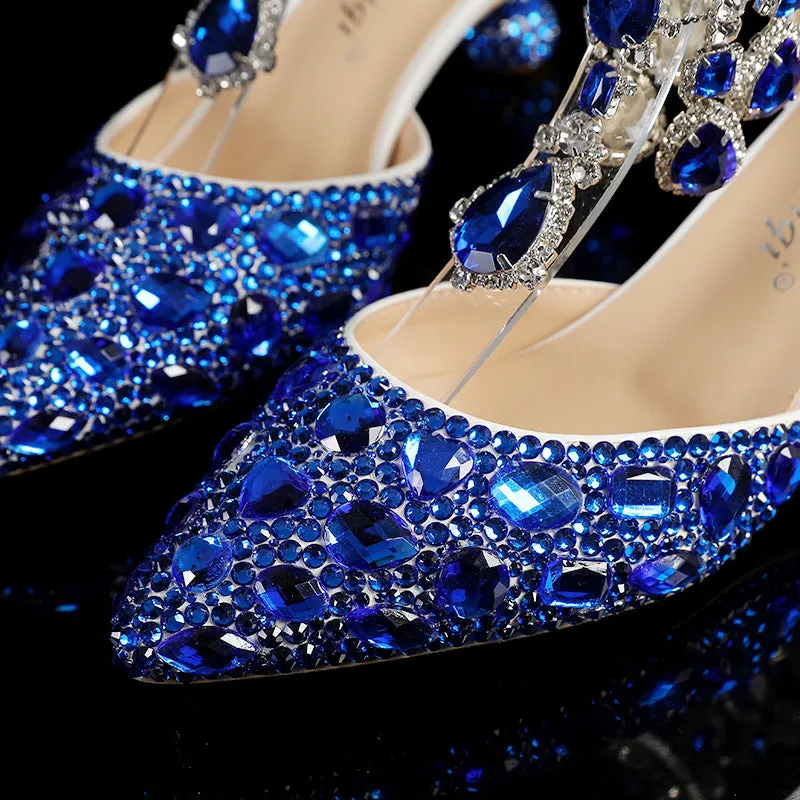 Chunky Rhinestone Heels Blue Pointed-toe Crystal Wedding Shoes