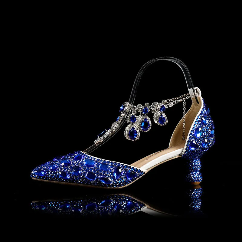 Chunky Rhinestone Heels Blue Pointed-toe Crystal Wedding Shoes