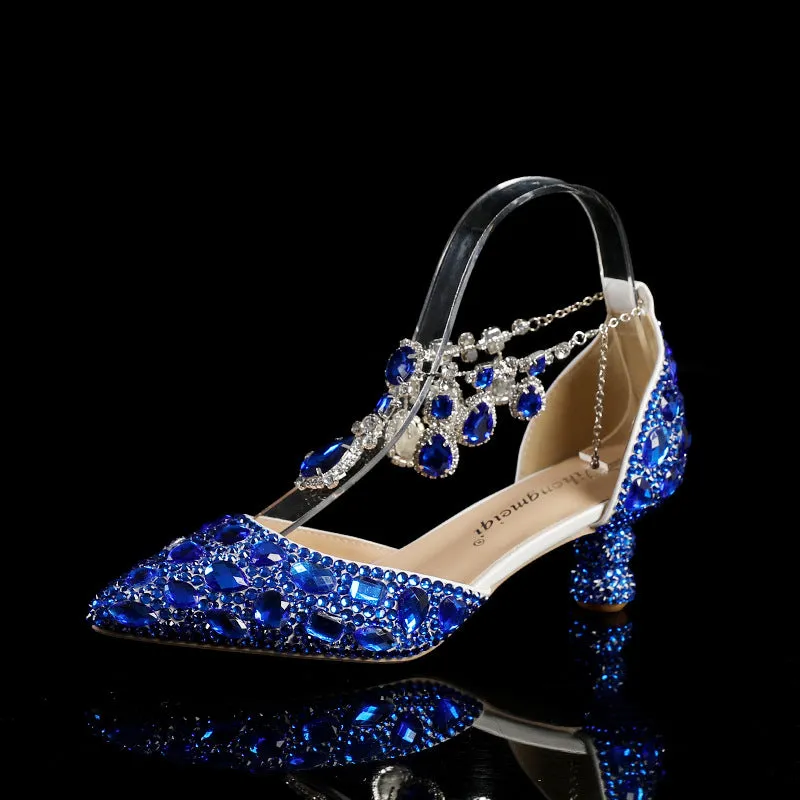 Chunky Rhinestone Heels Blue Pointed-toe Crystal Wedding Shoes