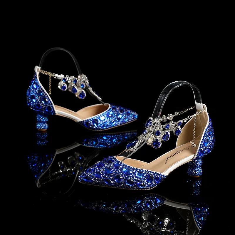 Chunky Rhinestone Heels Blue Pointed-toe Crystal Wedding Shoes