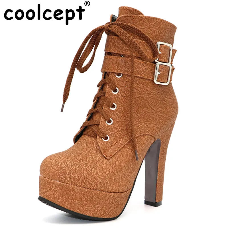 Coolcept Fashion Women Boots High Heels Ankle Boots Platform Shoes Brand Women Shoes Autumn Winter Botas Mujer Size 30-48