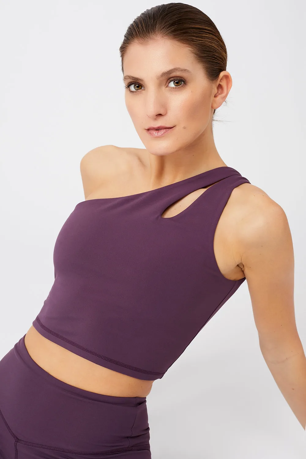 Cropped Shoulder Top   Flared Sports Pants Purple Passion