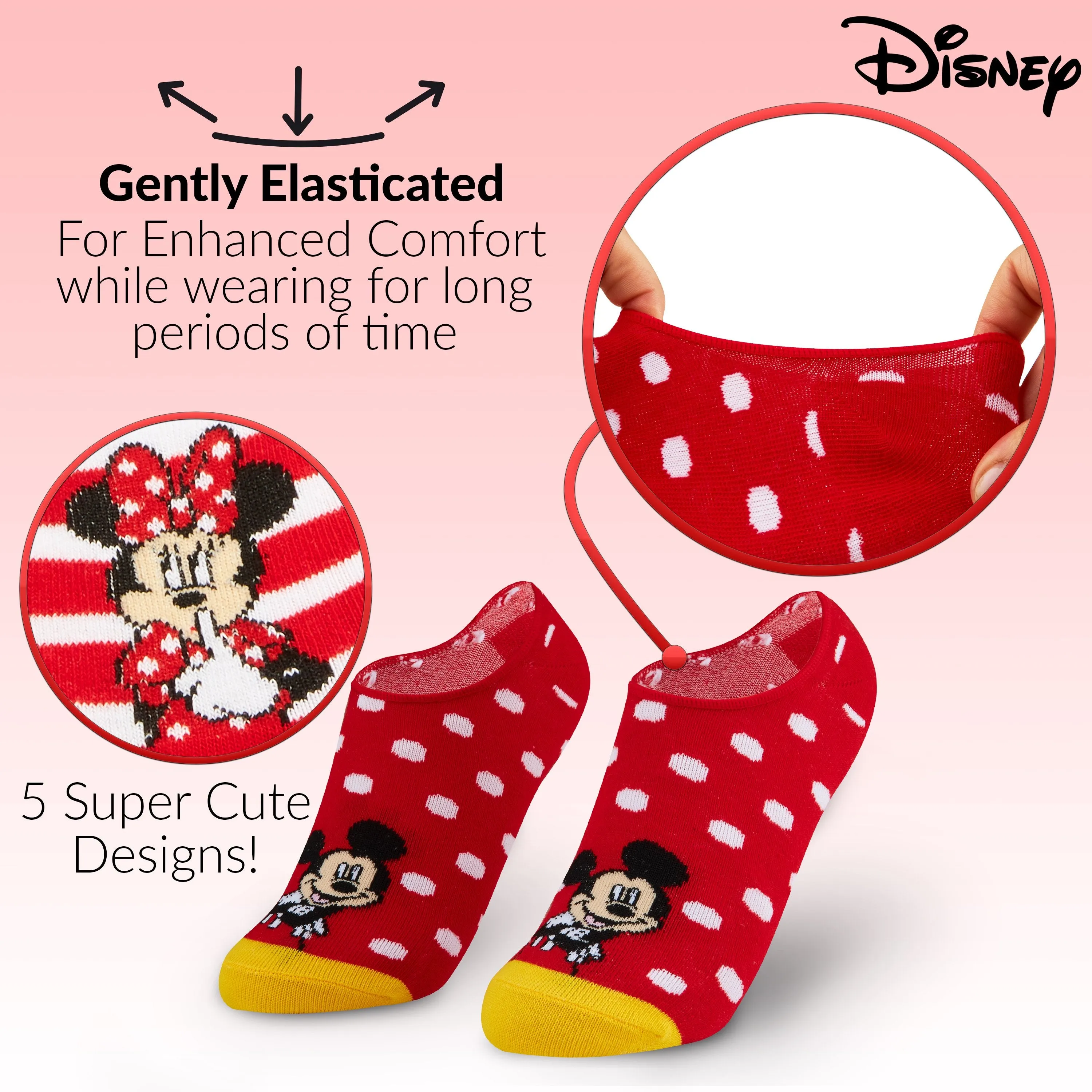 Disney Invisible Girls Socks Pack of 5, Minnie & Mickey Low Cut Socks for Kids