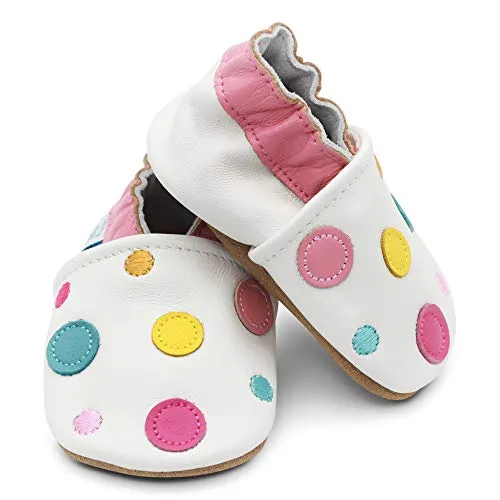 Dotty Fish Soft Leather Infant Shoes Girls pre-Walkers. White with Multicoloured Dots. 0-6 Months